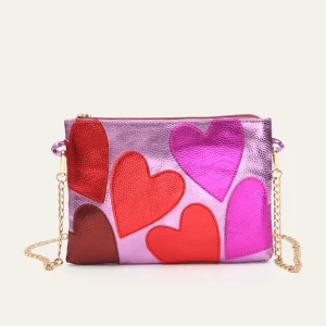 Brand Design Colorful Metallic PU Leather Clutch Women Fashion Hearts Pattern Square Handbags Chain Crossbody Girls Purse Gift