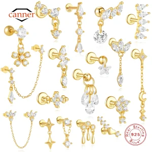 CANNER 1PC Four Pointed Star Moon Tassel Lotus Cartilage Spiral Puncture 925 Sterling Silver Stud Earring For Women Ins Earring