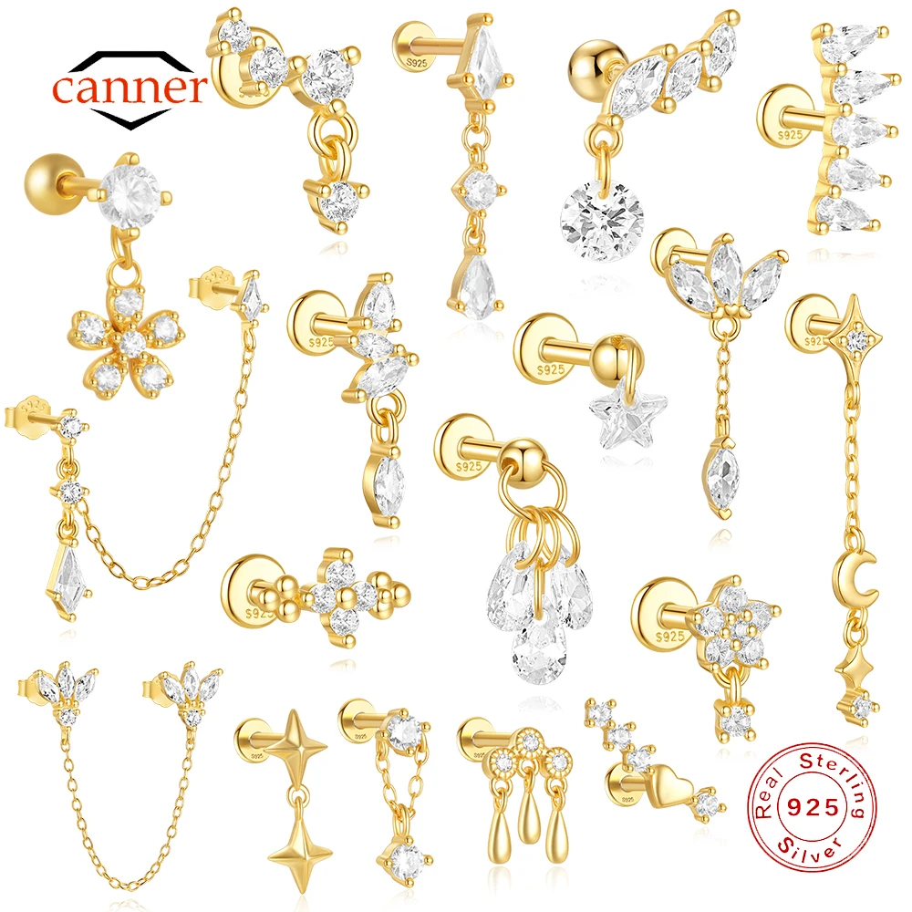 CANNER 1PC Four Pointed Star Moon Tassel Lotus Cartilage Spiral Puncture 925 Sterling Silver Stud Earring For Women Ins Earring