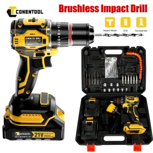 CONENTOOL 21V Brushless Impact Drill 52Nm Cordless Electric Drill Driver Set 28+3 Torque Power Tools for Makita 18V Battery Pins