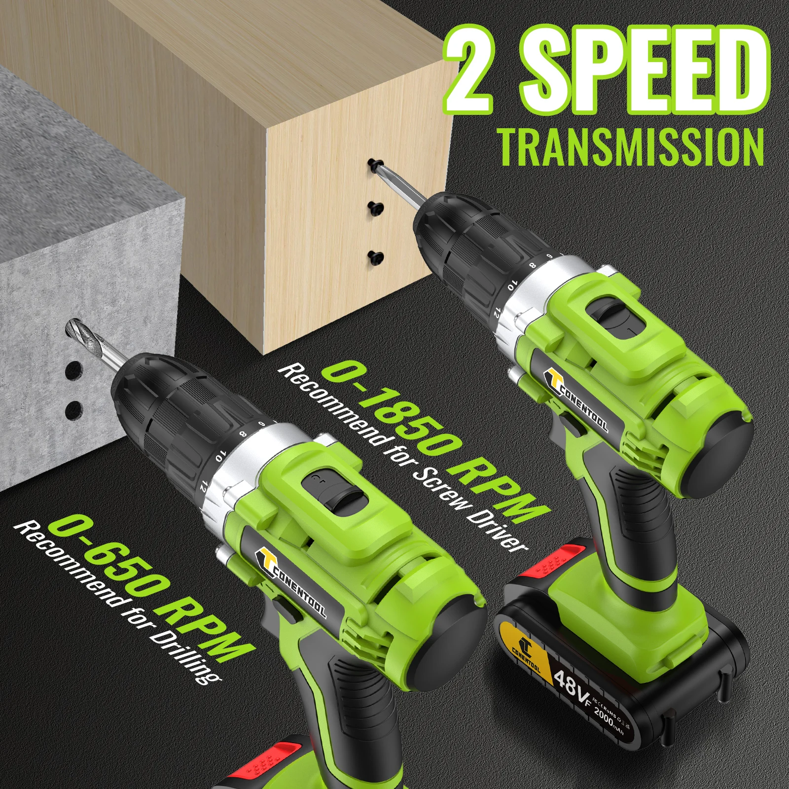 CONENTOOL Electric Screwdriver 48V Lithium-Ion Cordless Drill Driver Set LED Work Light Electric Drill Quick Changer Battery Set - Image 3