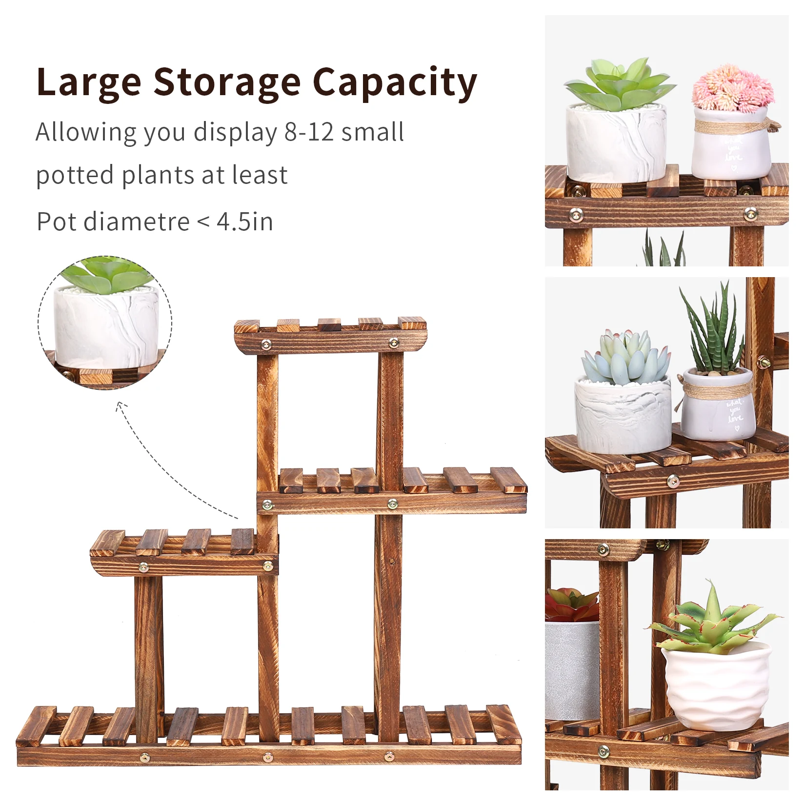 Carbonized Wood Plant Stand Multi Tier Succulent Rack Mini Desktop Plant Holder for Outdoor Balcony Garden - Image 4