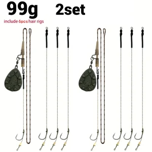 Carp Fishing Pre-tied Rig Set - Leadcore Leader with 6 Hair Rigs & Sinker Weights: 56g / 71g / 85g / 99g / 113g / 128g