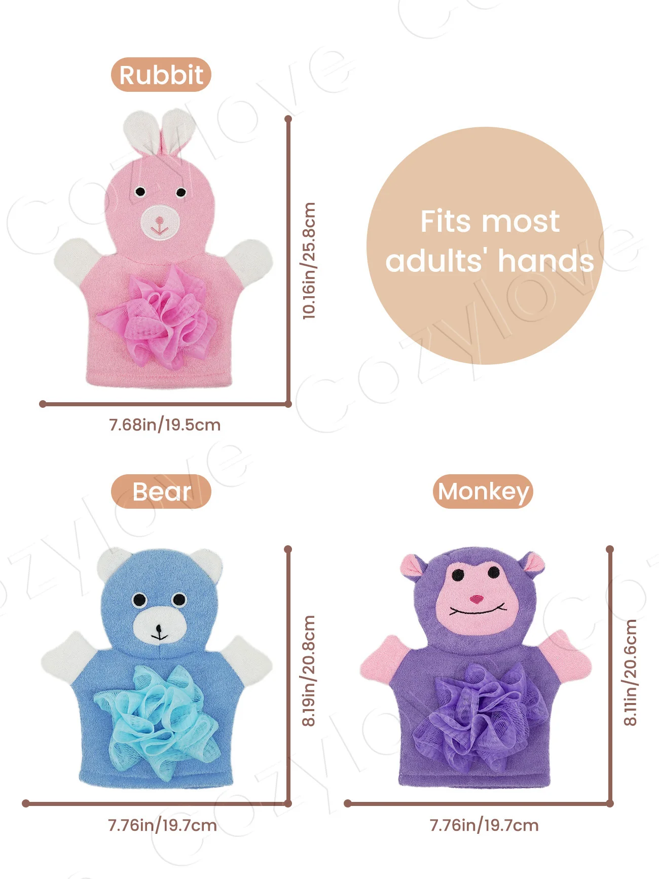 Cartoon Animal Bath Gloves Dual-Side Exfoliating & Gentle Massage for Kids - Plant Fiber/Cotton Material, Quick-Dry - Image 3
