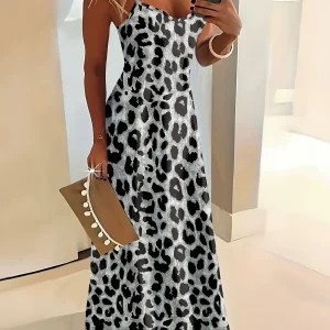 Casual Leopard Print Sundress for Women Vacation Style Sleeveless Tank Dress with Round Neck Summer Beach Party Outfit
