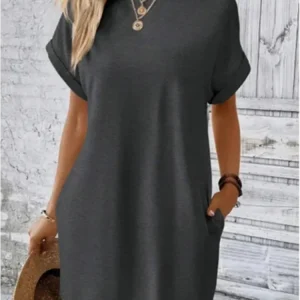 Casual Solid Color Mini Dress Women Round Neck Short Sleeve Dresses Summer Everyday Dresses