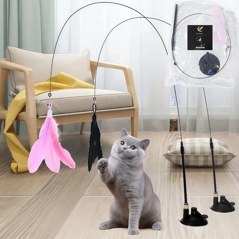Cat Teaser Toy Cat Teaser Pole with Feather Bell Extended Rod Suction Cup Durable Bite Teaser Stick Replaceable Feather Head