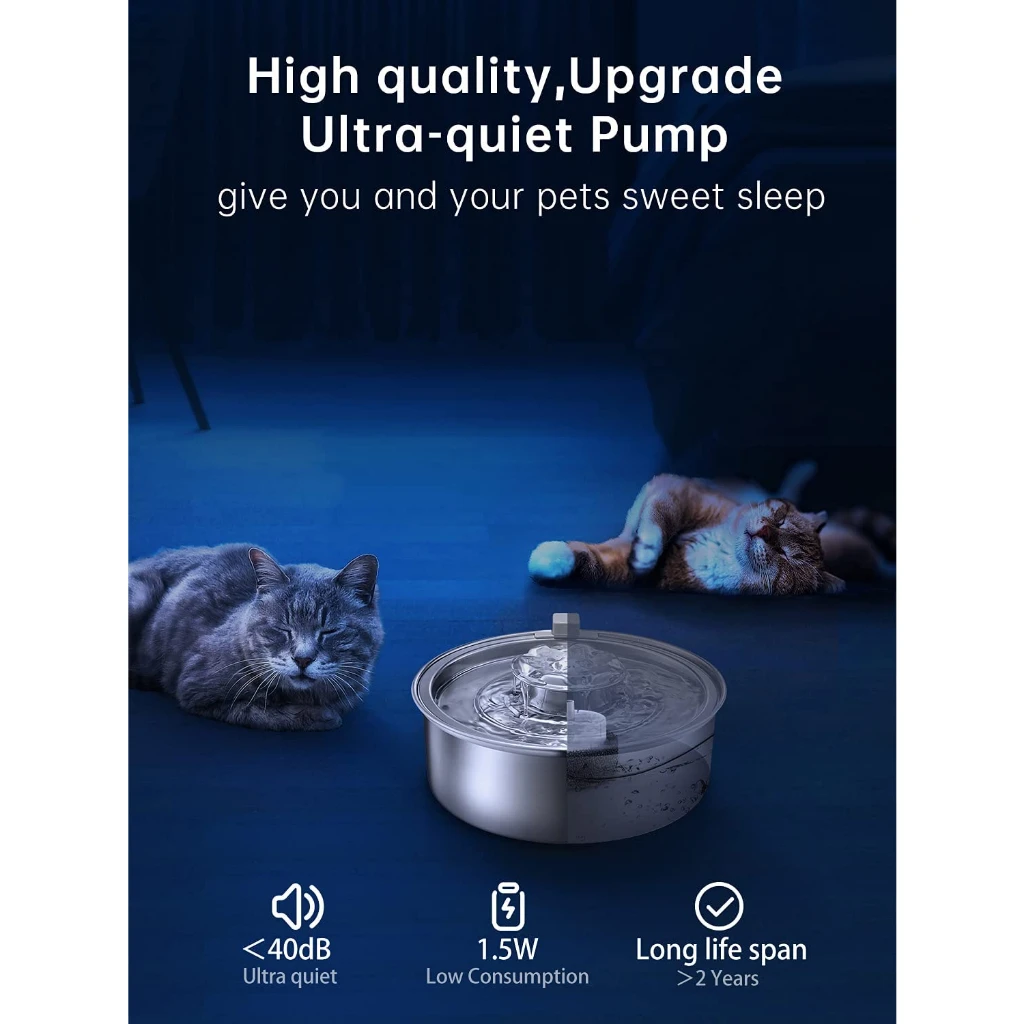 Cat Water Fountain 304 Stainless Steel 2.0L Automatic Circulating Pet Water Fountain Ultra-Quiet Pump with LED Light Cat Fountai - Image 5