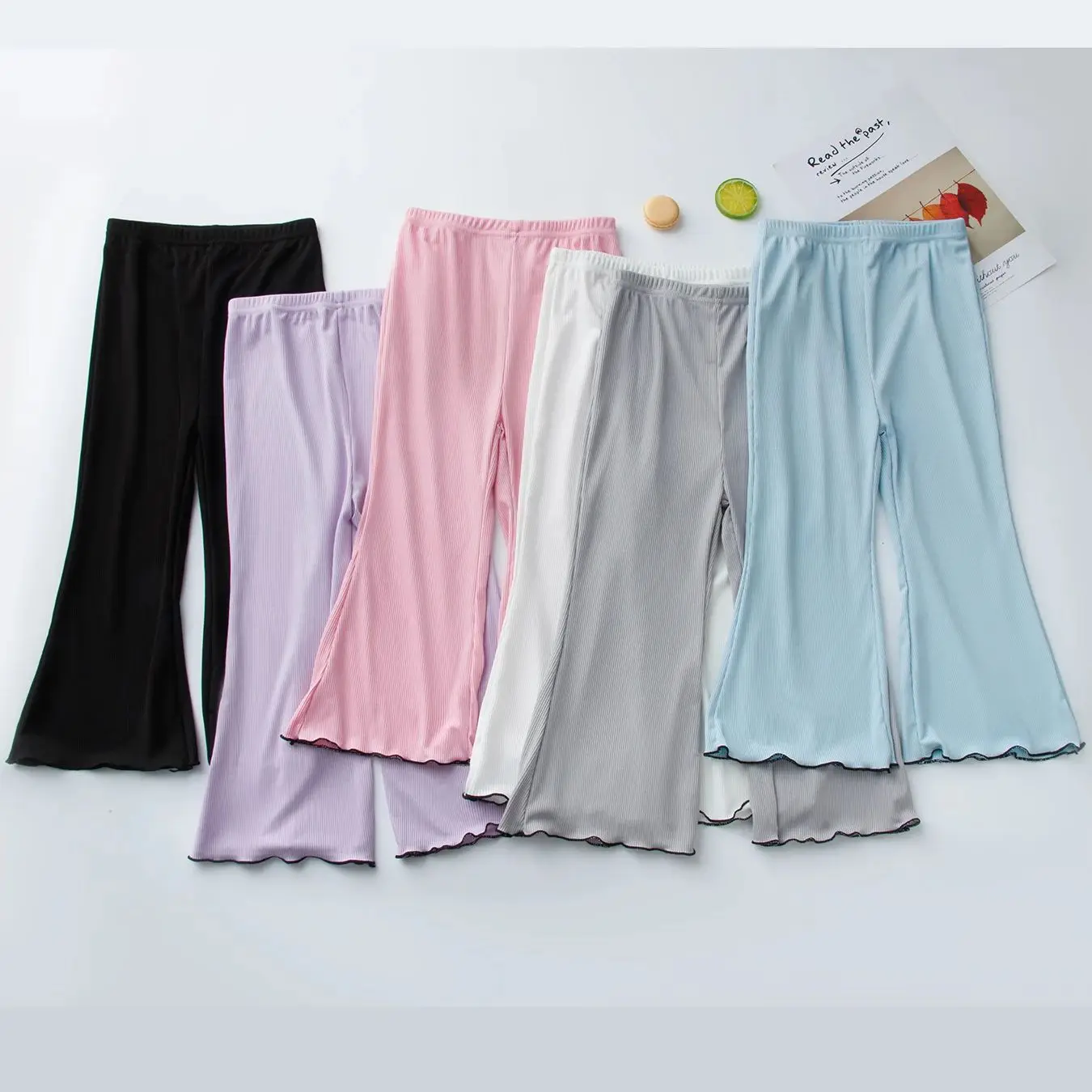 Children's solid color bell bottoms girls summer color casual fashion pants female students elastic waist pants with wavy sides. - Image 2
