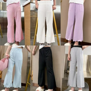 Children's solid color bell bottoms girls summer color casual fashion pants female students elastic waist pants with wavy sides.