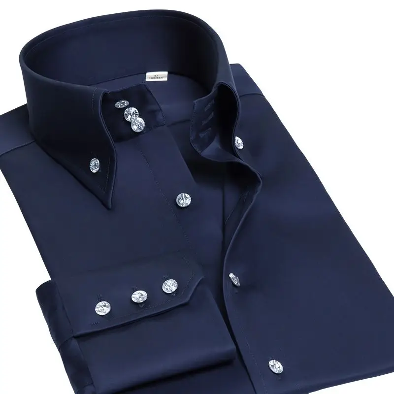 Classic Dress Shirt for Men Crystal Rhinestone Buckle Long Sleeve Slim Fit Korean Fashion Business Casual White Formale Shirts - Image 4