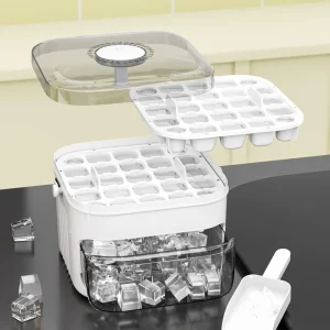 Compact Double Layer Ice Cube Tray with Lid and Bin, Pull-Out Ice Drawer with Portable Handle, Kitchen Accessories, Gadgets