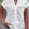 Cropped Shirt White Lace Blouse Eyelet Cut Embroidery Top Wear Hollow Out Women's Summer Clothing