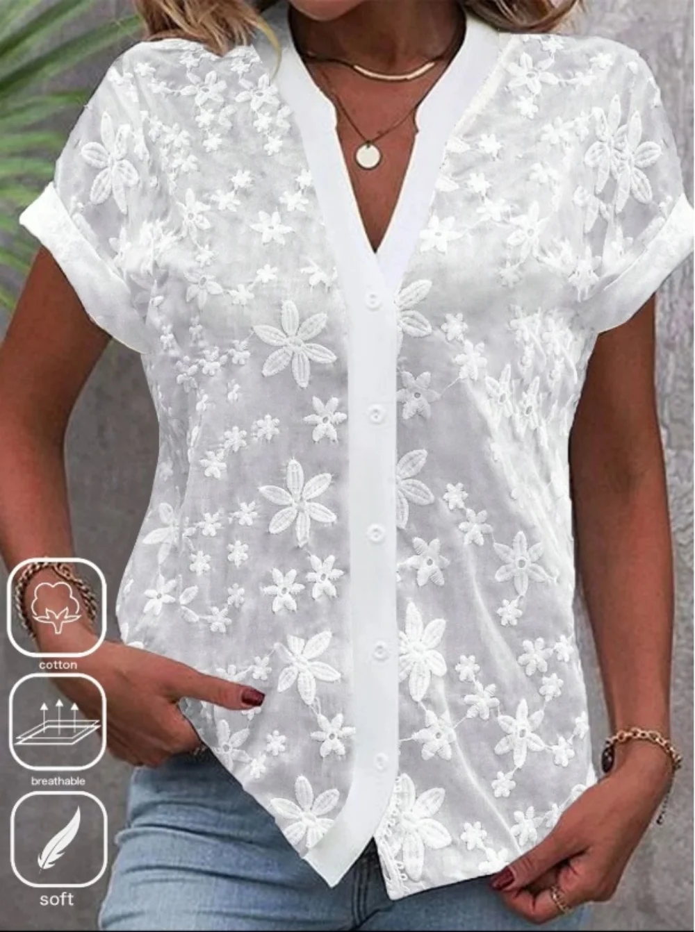 Cropped Shirt White Lace Blouse Eyelet Cut Embroidery Top Wear Hollow Out Women's Summer Clothing - Image 3