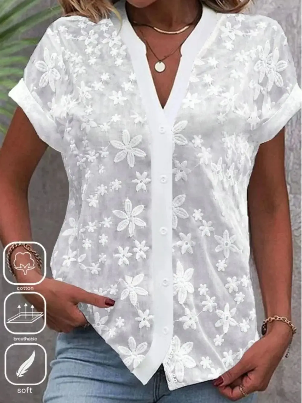 Cropped Shirt White Lace Blouse Eyelet Cut Embroidery Top Wear Hollow Out Women's Summer Clothing - Image 4