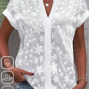 Cropped Shirt White Lace Blouse Eyelet Cut Embroidery Top Wear Hollow Out Women's Summer Clothing