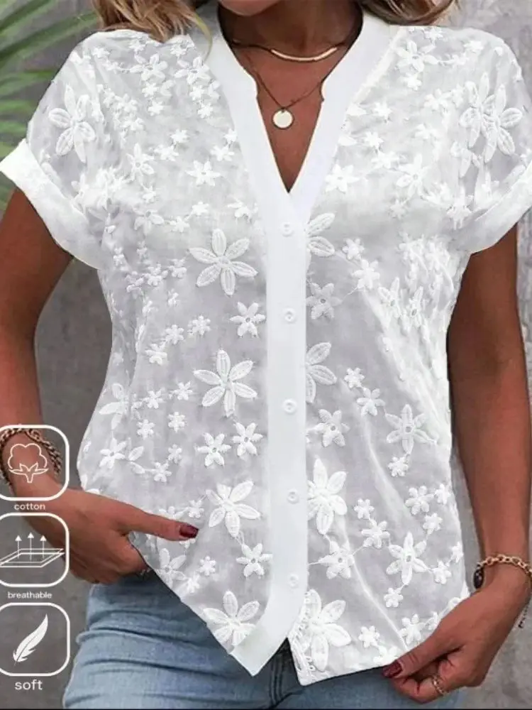 Cropped Shirt White Lace Blouse Eyelet Cut Embroidery Top Wear Hollow Out Women's Summer Clothing - Image 5