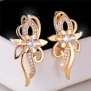 Cute White Zircon Stone Flower Hoop Earrings For Women Charm Female Gold Color Wedding Jewelry Gift
