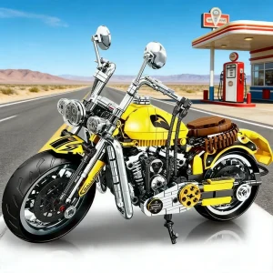 DIY Motorcycle Construction Set for Adults - 1:8 Scale Yellow Retro Motorbike Building Bricks - Hobbyist Gift & Desk Decor Colle