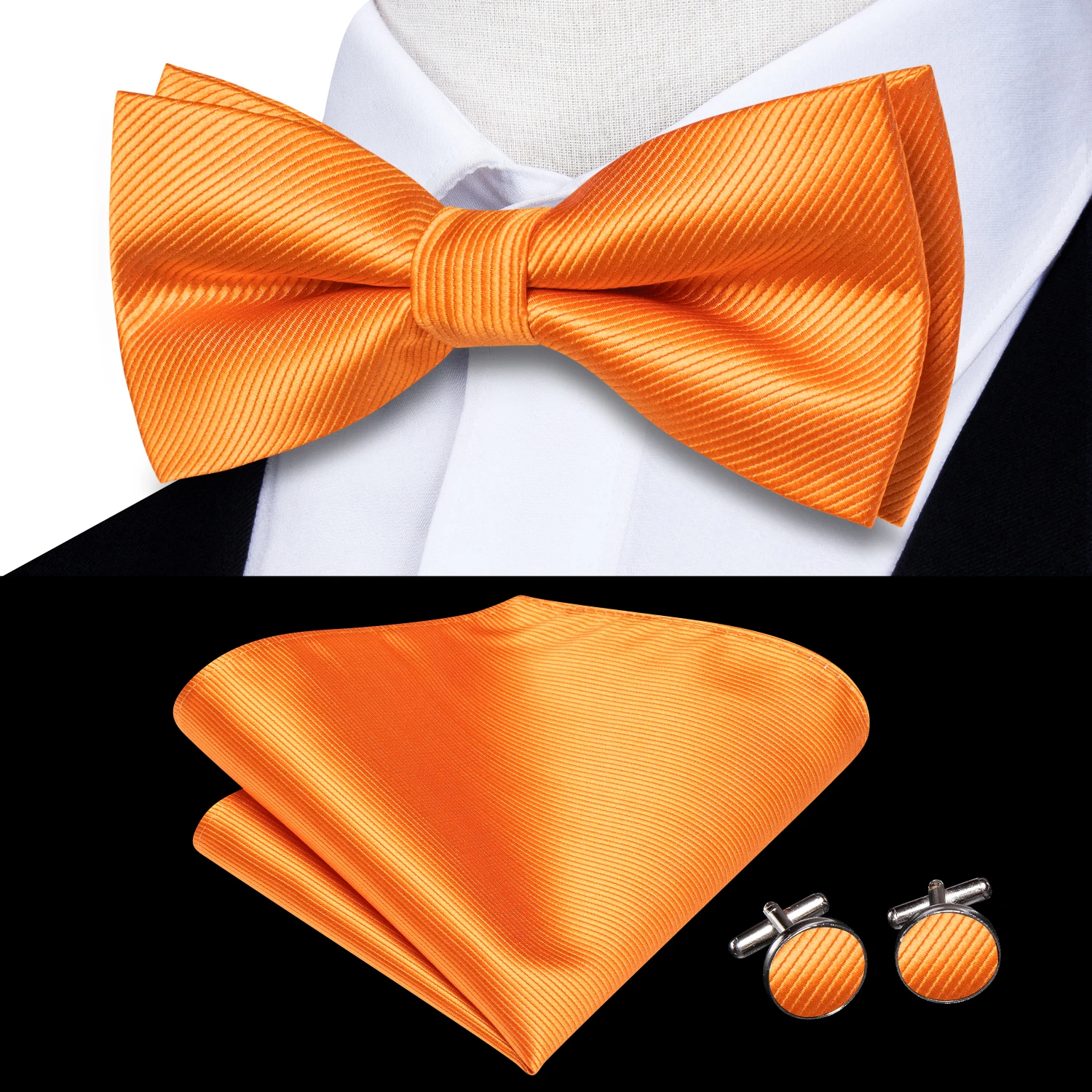 Dropshipping Solid Silk Mens Bow Tie Hanky Cufflinks Set Pre-tied Butterfly Knot Bowtie Wholesale for Male Wedding Business - Image 2