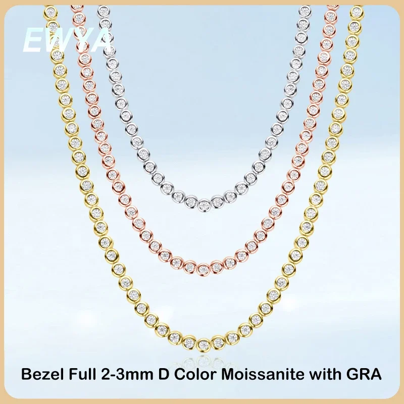 EWYA Luxury Bubble 2/3mm D Color Full Moissanite Tennis Necklace for Women S925 Silver Plated 18K Diamond Neck Chain Necklaces