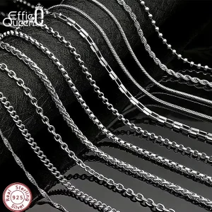 Effie Queen 100% 925 Sterling Silver Basic Chain Necklaces Box/Snake/Chopin/Figaro Beaded Chain 40-60cm Unisex DIY Casual Wear