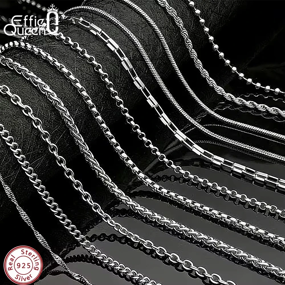 Effie Queen 100% 925 Sterling Silver Basic Chain Necklaces Box/Snake/Chopin/Figaro Beaded Chain 40-60cm Unisex DIY Casual Wear
