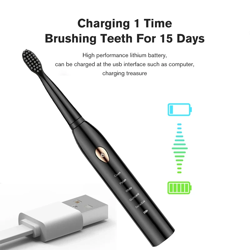 Electric Toothbrush 5-gear Mode USB Charging 4 colors IPX7 Waterproof Ultrasonic Rechargeable Soft Hair Toothbrush Adult Classic - Image 3