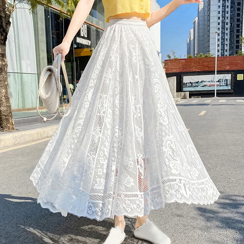 Elegant Lace Mesh Skirt for Women Lace Skirts High Waist Summer Long Skirt Casual Irregular Hem A Line Skirt Vacation Beach Wrap - Image 2