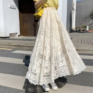 Elegant Lace Mesh Skirt for Women Lace Skirts High Waist Summer Long Skirt Casual Irregular Hem A Line Skirt Vacation Beach Wrap