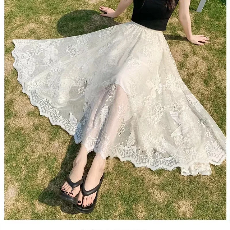 Elegant Lace Mesh Skirt for Women Lace Skirts High Waist Summer Long Skirt Casual Irregular Hem A Line Skirt Vacation Beach Wrap - Image 6