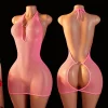 Erotic Backless Perspective Nightdress Seductive Date Night Sexy Lingerie Halter Deep V Babydoll Dress Hollow Out Porn Costume