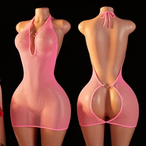 Erotic Backless Perspective Nightdress Seductive Date Night Sexy Lingerie Halter Deep V Babydoll Dress Hollow Out Porn Costume