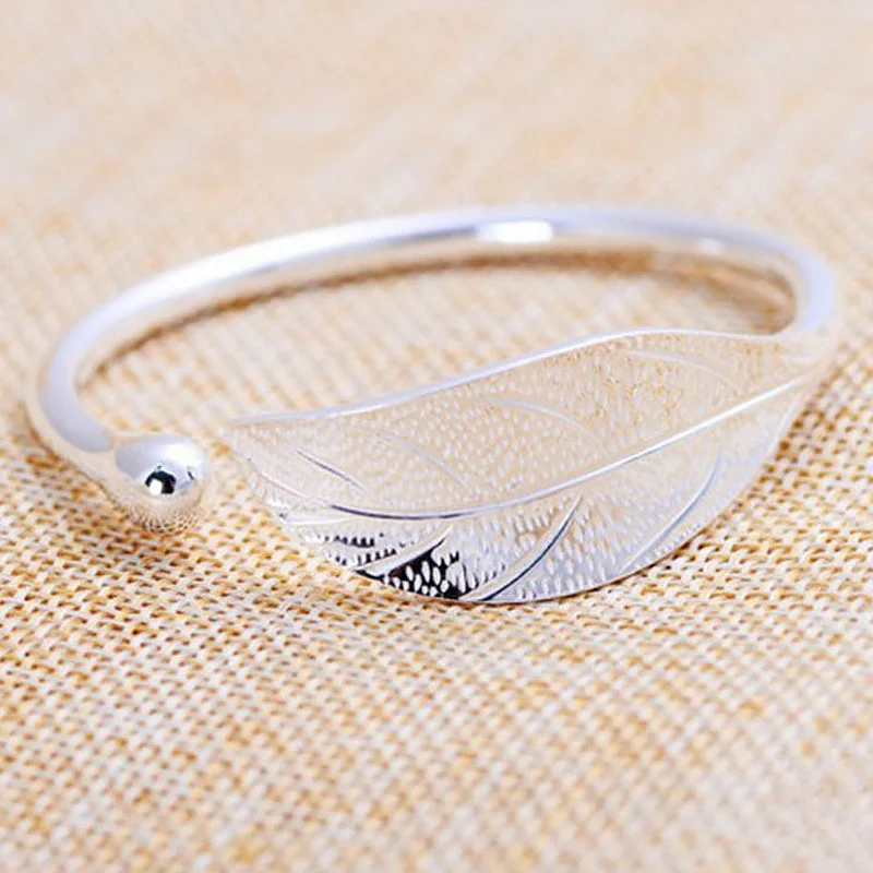 Fashion 925 Sterling Silver Woman Cuff Bracelet Open Leaf Shaped Adjustable Charm Bangle Girls Party Jewelry Christmas Gifts - Image 2