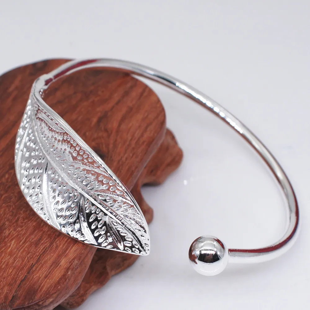 Fashion 925 Sterling Silver Woman Cuff Bracelet Open Leaf Shaped Adjustable Charm Bangle Girls Party Jewelry Christmas Gifts - Image 5