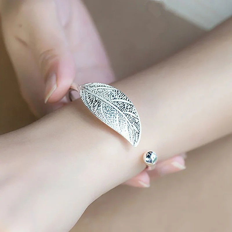 Fashion 925 Sterling Silver Woman Cuff Bracelet Open Leaf Shaped Adjustable Charm Bangle Girls Party Jewelry Christmas Gifts - Image 3