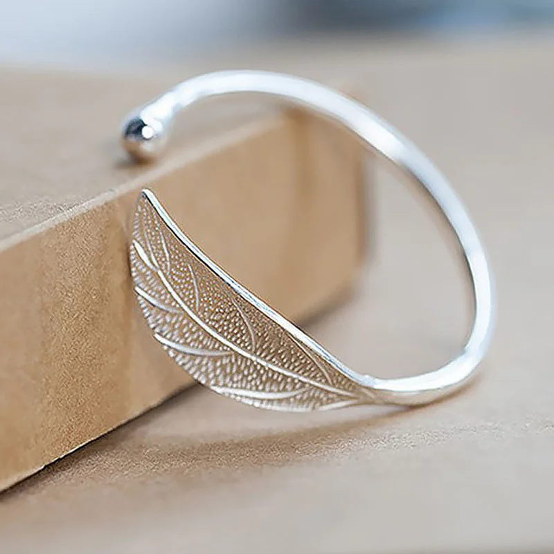 Fashion 925 Sterling Silver Woman Cuff Bracelet Open Leaf Shaped Adjustable Charm Bangle Girls Party Jewelry Christmas Gifts - Image 4