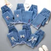 Fashion Girls Star Embroidered Jeans Pants with Pearl Korean Girls Slim-Fit Denim Trousers 3-12 Year Old Children's Clothing