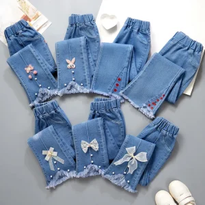 Fashion Girls Star Embroidered Jeans Pants with Pearl Korean Girls Slim-Fit Denim Trousers 3-12 Year Old Children's Clothing