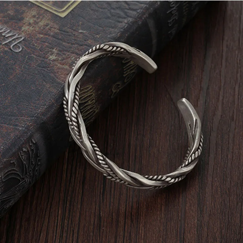 Fashion designer 925 Sterling Silver Twisted Woven Bracelet man women Neutral Retro Thai Original Handmade Opening bangle Gifts - Image 6