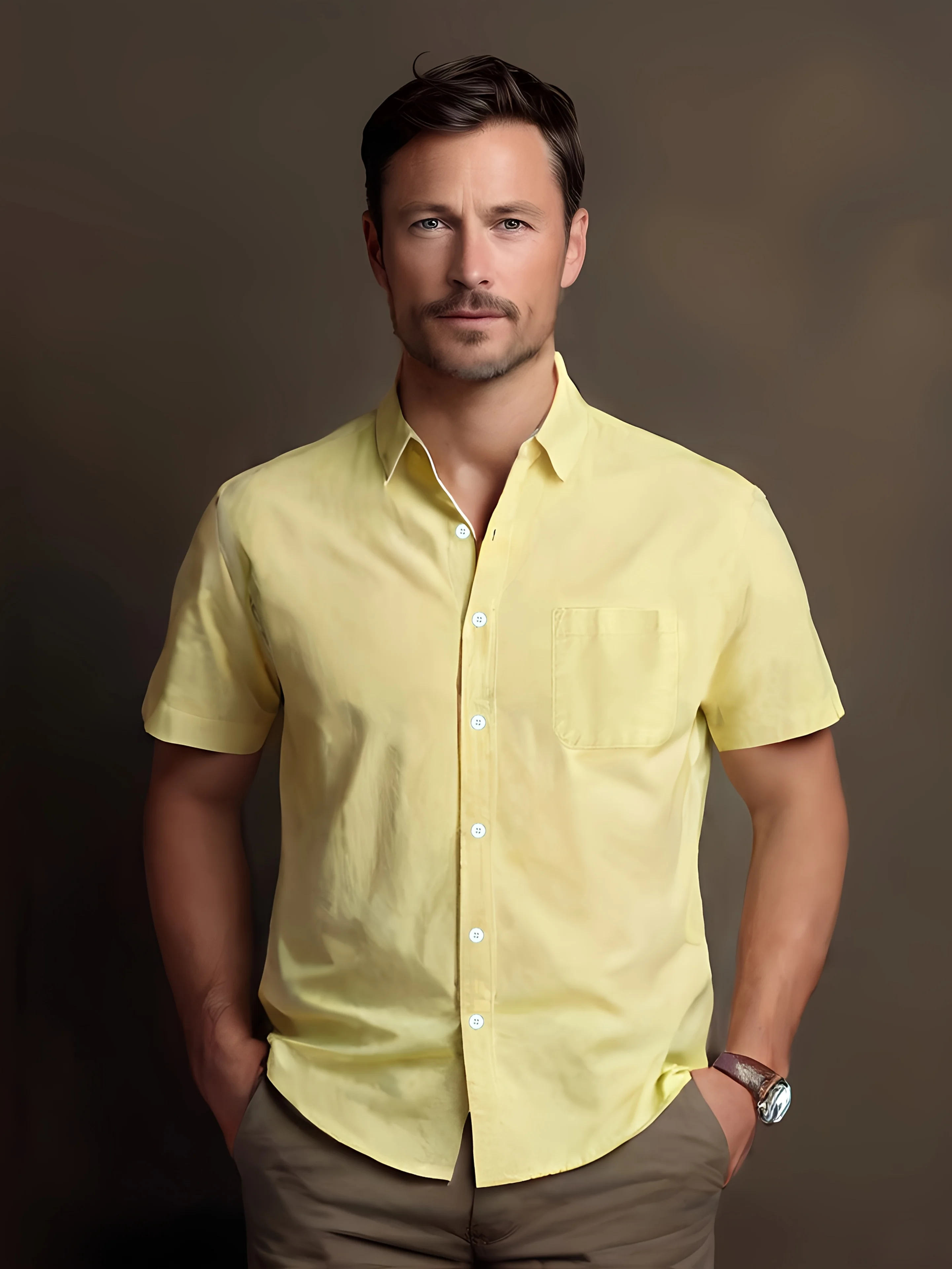 Fashionable High-Quality 100% Pure Cotton Solid Color Simple Men's Short-Sleeve Shirt for Summer, Casual Everyday Wear, Solid Color Business Regular Fit Breathable Soft Shirt