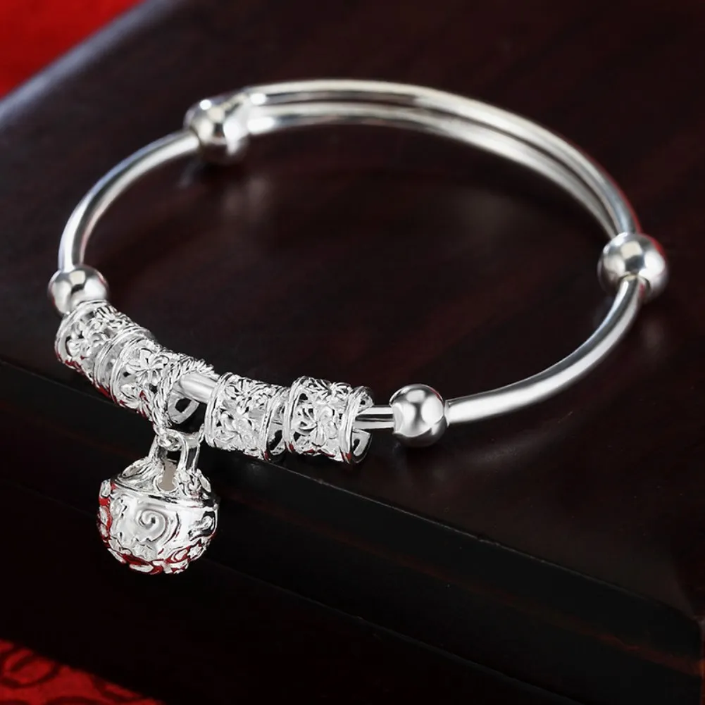 Fine 925 Sterling Silver hollow Bells ball bangles adjustable Bracelets for Women Fashion Holiday gifts Party wedding Jewelry - Image 2