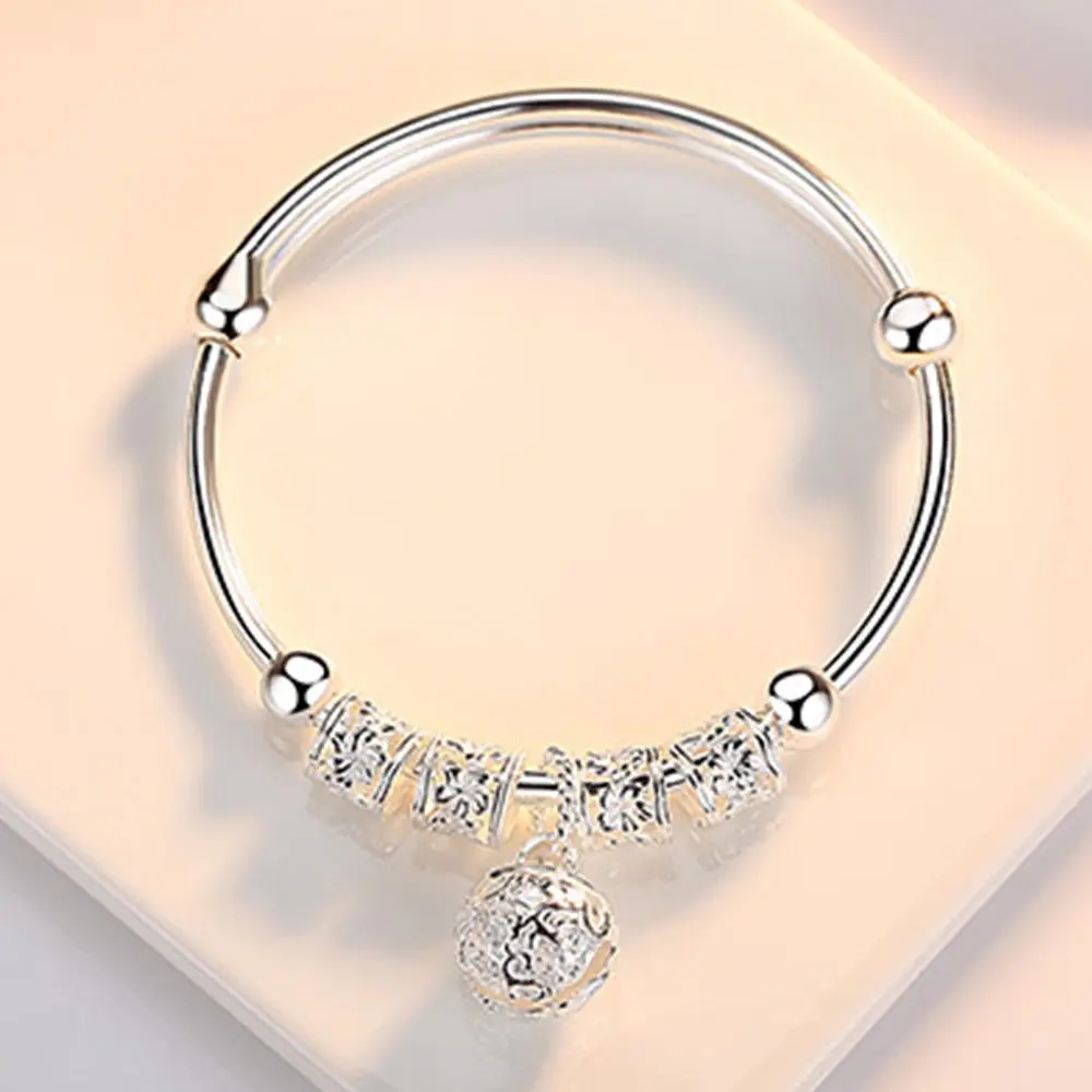 Fine 925 Sterling Silver hollow Bells ball bangles adjustable Bracelets for Women Fashion Holiday gifts Party wedding Jewelry - Image 3