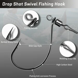 FishTrip Drop Shot Hook with Barrel Swivel Snap 30pcs Fishing Hook Swivel In-line DropShot Rig Soft Lure Worm Hook for Carp Bass