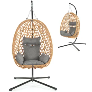 Foldable Egg Chair Rattan Wicker Hanging Swing Chair with Stand Indoor Outdoor Garden Patio Porch Bedroom Lounge Furniture