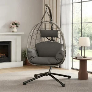 Foldable Rattan Swing Egg Chair With Metal Stand Indoor Outdoor Hanging Hammock Chair Weatherproof Patio Garden Furniture