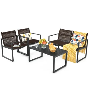 GOFLAME 4PCS Garden Patio Table and Chair Set Outdoor Conversation Furniture Metal Frame