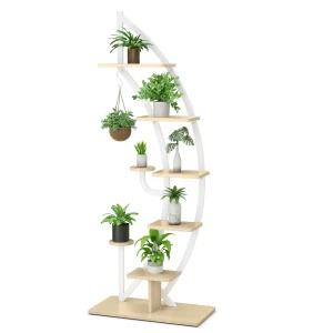GOFLAME 8-Tier Tall Wooden Plant Stand Rack Curved Half Moon Shape Ladder Planter Shelf