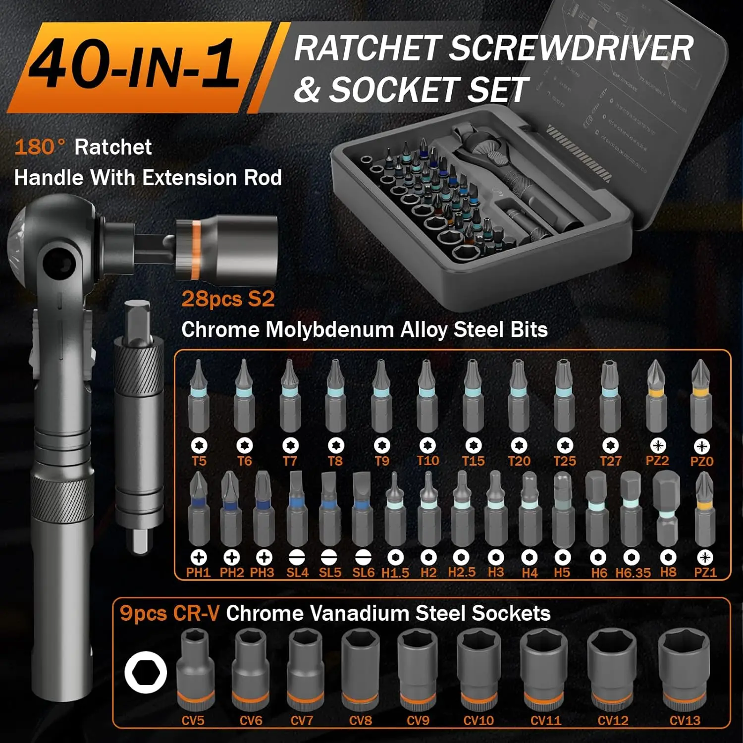 Galacok 40 in 1 Magnetic Ratchet Screwdriver Set, Multi-functional Wrench Set with 180° Adjustable Handle S2 Bits and Socket Set - Image 2