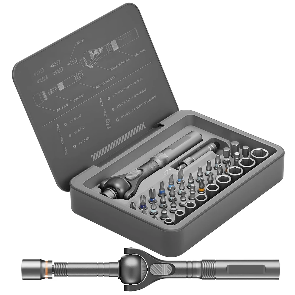 Galacok 40 in 1 Magnetic Ratchet Screwdriver Set, Multi-functional Wrench Set with 180° Adjustable Handle S2 Bits and Socket Set